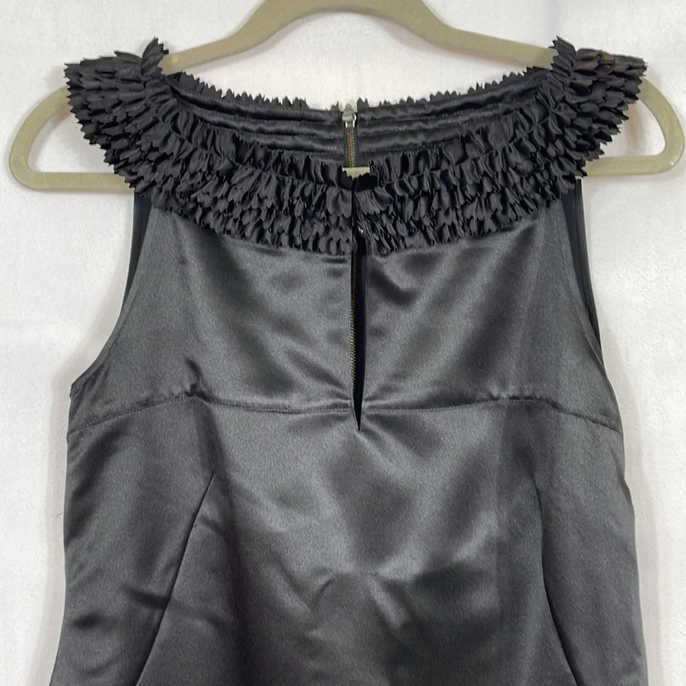 Ted Baker Dress Size 3 US8 Black Satin Cocktail Ruffle Neckline EUC